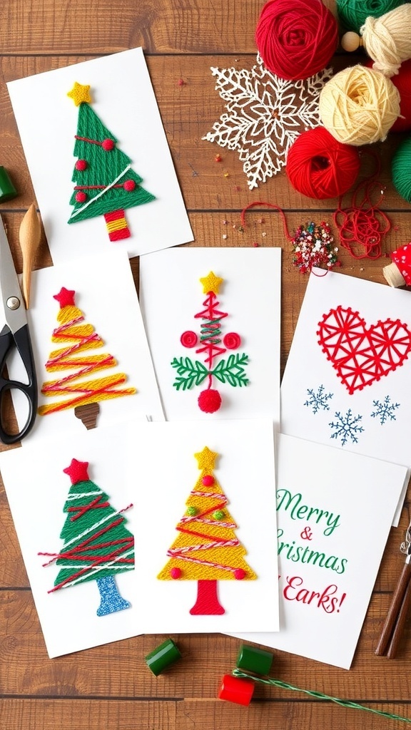 Handmade Christmas cards with yarn designs on a wooden table with crafting materials.